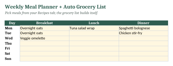 Weekly Meal Planner + Auto Grocery List preview