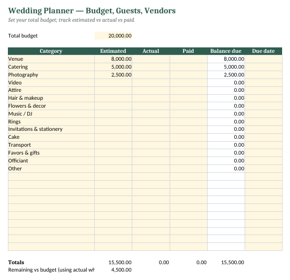 Wedding Planner Spreadsheet preview